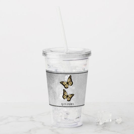 Gold Butterfly Floral Personalized Acryltumbler Acryl Drinkbeker (Voorkant ijs)