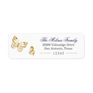 Gold Butterfly Navy Blue Return Label