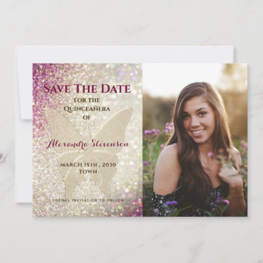 Gold Butterfly Quinceañera Save The Date (Voorkant)