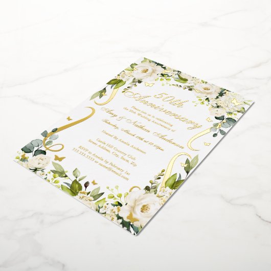 Gold Butterfly Scroll 50ste bruiloft Jubileum Folie Uitnodiging (Gedraaid)