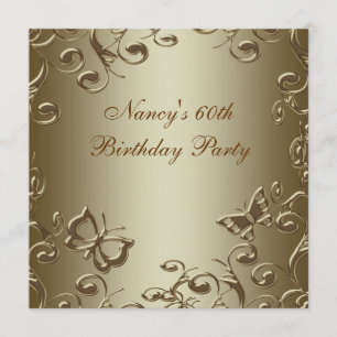 Gold Butterfly Swirls Womans 60th Birthday Party Kaart