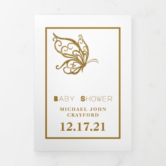 Gold Butterfly, White & Gold Baby shower Suite Drieluik Uitnodiging (Cover)
