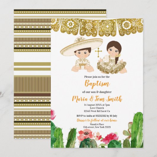 Gold Cactus Baptism Fiesta Twin Invitation Kaart (Voorkant / Achterkant)