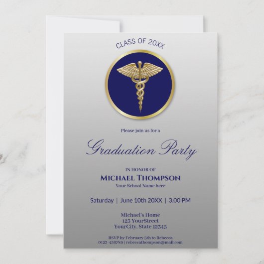 Gold Caduceus Blue Médicale Graduation Invitation (Devant)