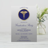 Gold Caduceus Blue Médicale Graduation Invitation (Debout devant)