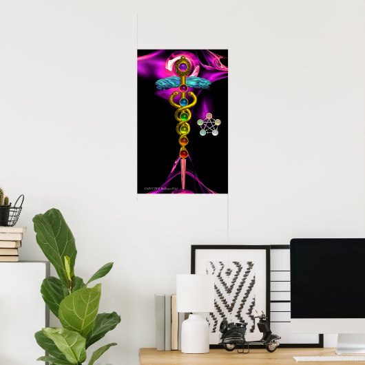 GOLD CADUCEUS EN 7 CHAKRAS IN PINK FRACTAL ROOS POSTER (Thuiskantoor)