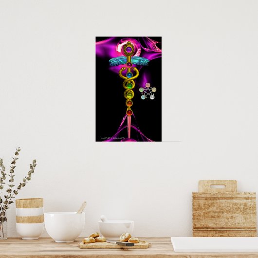 GOLD CADUCEUS EN 7 CHAKRAS IN PINK FRACTAL ROOS POSTER (Keuken)