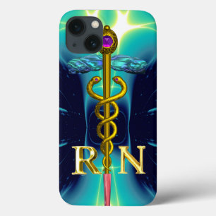 GOLD CADUCEUS GEREGISTREERD NURSE SYMBOL Aqua Blue iPhone 13 Hoesje