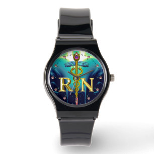 GOLD CADUCEUS GEREGISTREERD NURSE SYMBOL Aqua Blue Horloge
