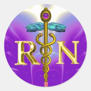 GOLD CADUCEUS GEREGISTREERD NURSE SYMBOL Paars Bla Ronde Sticker