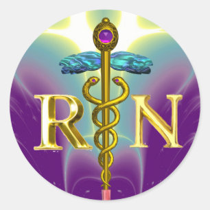 GOLD CADUCEUS GEREGISTREERD NURSE SYMBOL Paars Gre Ronde Sticker