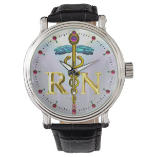 GOLD CADUCEUS GEREGISTREERD NURSESSYMBOOL / Blue L Horloge