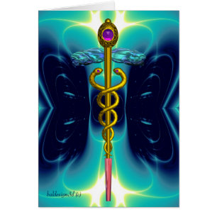 GOLD CADUCEUS MEDISCH SYMBOOL Aqua Blue Light Wave