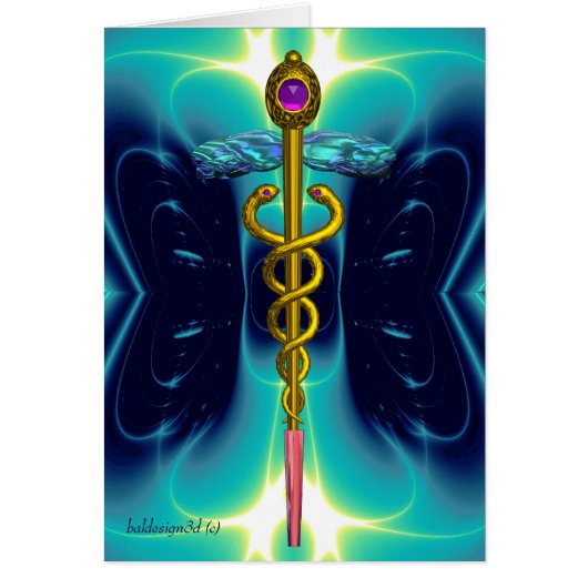 GOLD CADUCEUS MEDISCH SYMBOOL Aqua Blue Light Wave (Voorkant)