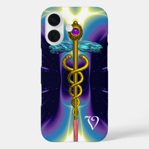 GOLD CADUCEUS MEDISCH SYMBOOL, blauw Paars monogra iPhone 16 Hoesje