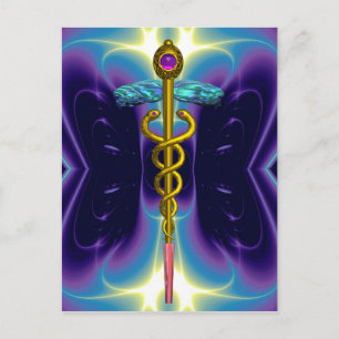 GOLD CADUCEUS MEDISCH SYMBOOL BLAUW PAARSE FRACTAL BRIEFKAART