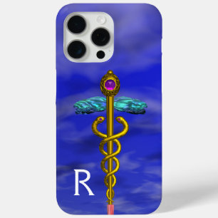 GOLD CADUCEUS MEDISCH SYMBOOL Blue Sky Monogram iPhone 15 Pro Max Hoesje