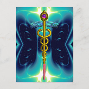 GOLD CADUCEUS MEDISCH SYMBOOL BLUE TURQUOISE BRIEFKAART