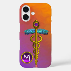 GOLD CADUCEUS MEDISCH SYMBOOL Paars Gem Monogram iPhone 16 Hoesje