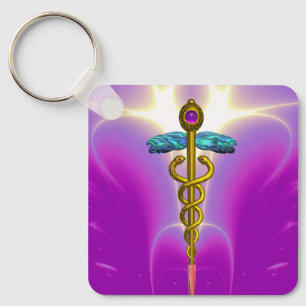 GOLD CADUCEUS MEDISCH SYMBOOL, Roze Fuchsia Sleutelhanger