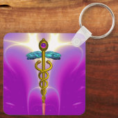 GOLD CADUCEUS MEDISCH SYMBOOL, Roze Fuchsia Sleutelhanger (Achterkant)