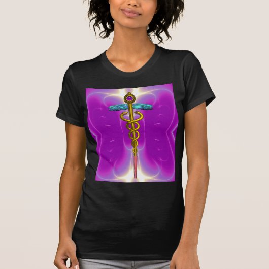 GOLD CADUCEUS MEDISCH SYMBOOL, Roze Fuchsia T-shirt (Voorkant)