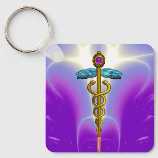 GOLD CADUCEUS MEDISCH SYMBOOL Ultra Violet Paars Sleutelhanger (Voorkant)