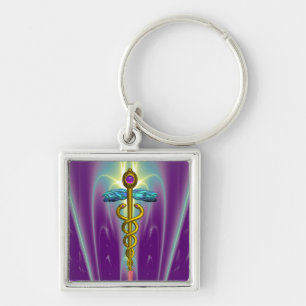 GOLD CADUCEUS MEDISCH SYMBOOL Violet Paars Groen Sleutelhanger