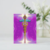GOLD CADUCEUS MEDISCH SYMBOOL VIOLET PINK FRACTALE BRIEFKAART (Staand voorkant)
