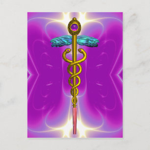 GOLD CADUCEUS MEDISCH SYMBOOL VIOLET PINK FRACTALE BRIEFKAART