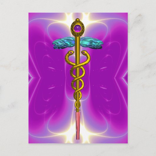 GOLD CADUCEUS MEDISCH SYMBOOL VIOLET PINK FRACTALE BRIEFKAART (Voorkant)
