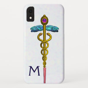 GOLD CADUCEUS MEDISCH SYMBOOL Witte Monogram iPhone XR Hoesje
