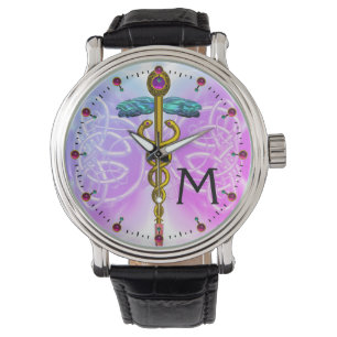 GOLD CADUCEUS MET CELTISCHE KENNIS MONOGRAM Blauwg Horloge