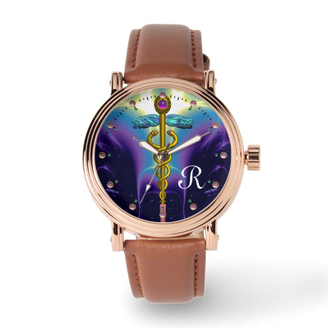 GOLD CADUCEUS MONOGRAM, Paars blauw Horloge (Voorkant)