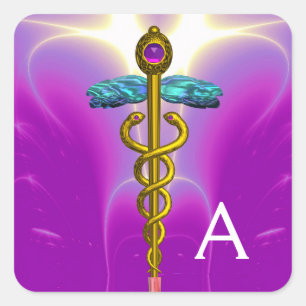 GOLD CADUCEUS MONOGRAM, Paars Roze Vierkante Sticker