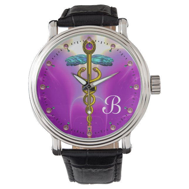 GOLD CADUCEUS MONOGRAM, Roze Fuchsia Horloge (Voorkant)