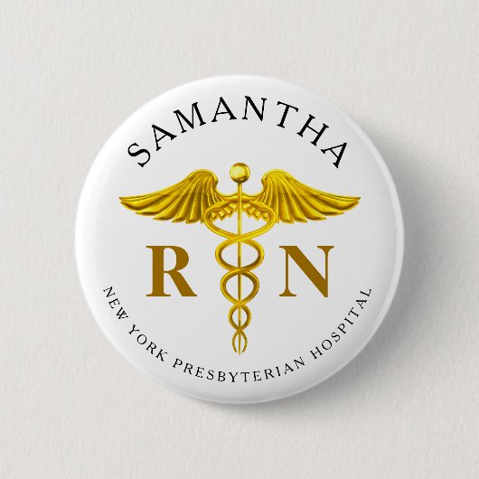 Gold Caduceus Registered Nurse Name Ronde Button 5,7 Cm (Voorkant)