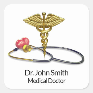 Gold Caduceus & Stethoscope with Heart Medical Vierkante Sticker
