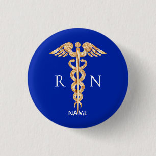 Gold Caduceus-symbool en geregistreerd verpleegmon Ronde Button 3,2 Cm