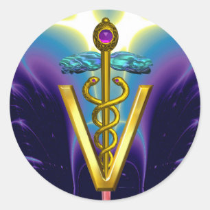 GOLD CADUCEUS VETERINAIR SYMBOOL Blue Paars Ronde Sticker