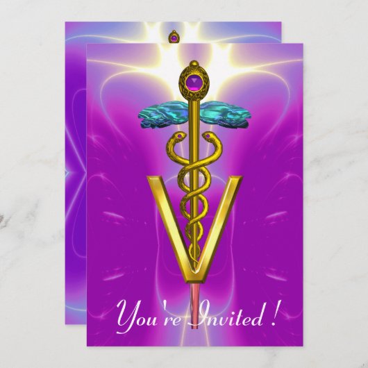 GOLD CADUCEUS VETERINAIR SYMBOOL Roze Paars Kaart (Voorkant / Achterkant)