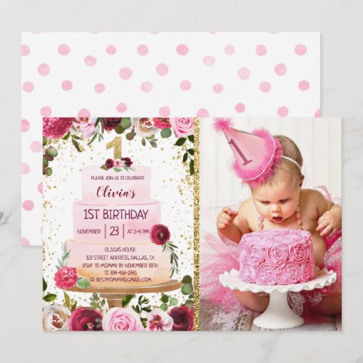 Gold Cake 1er Anniversaire Invitation avec photo (Devant / Derrière)