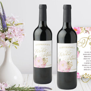 Gold Calligrafie Roze Floral Vrijgezellenfeest Wijn Etiket