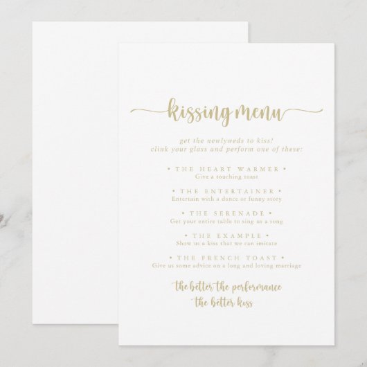 Gold Calligraphie Mariage Kissing Menu Carte de je (Devant / Derrière)