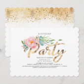 Gold Calligraphy Blush Pink Florals Birthday Kaart (Voorkant / Achterkant)
