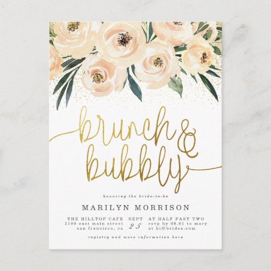Gold Calligraphy Floral Brunch & Bubble Uitnodiging Briefkaart (Voorkant)