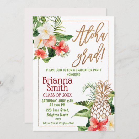 Gold Calligraphy Floral Luau Afstuderen Kaart (Voorkant / Achterkant)