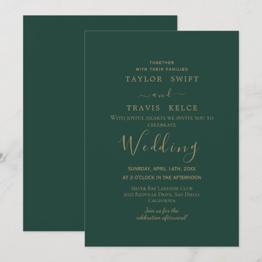 Gold Calligraphy Green Wedding Invitation Kaart (Voorkant / Achterkant)