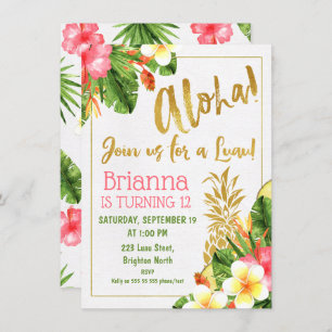 Gold Calligraphy Luau Birthday Invitation Kaart