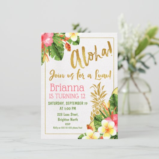Gold Calligraphy Luau Invitation d'anniversaire (Debout devant)